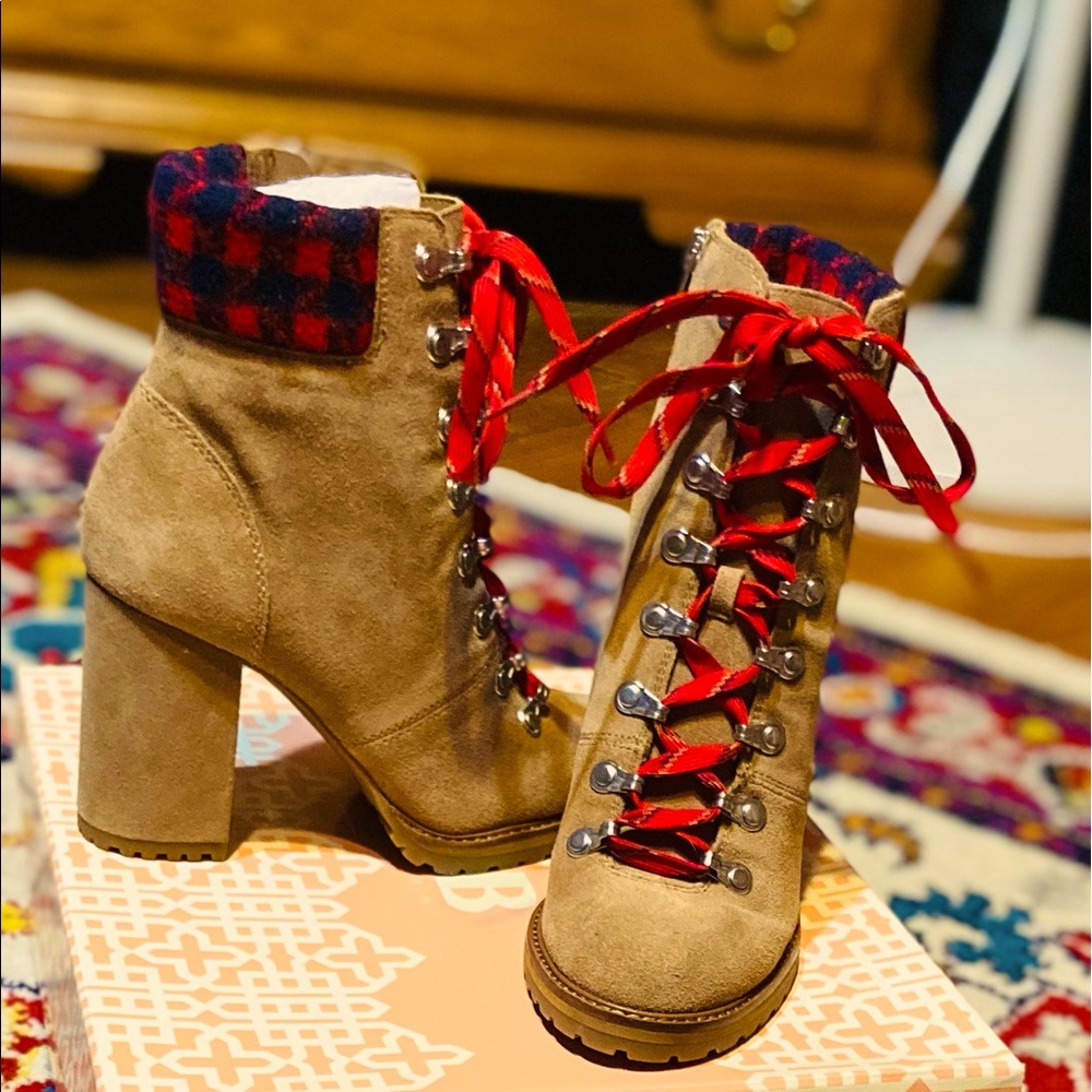 Gianni Bini Suede & Plaid Print print booties